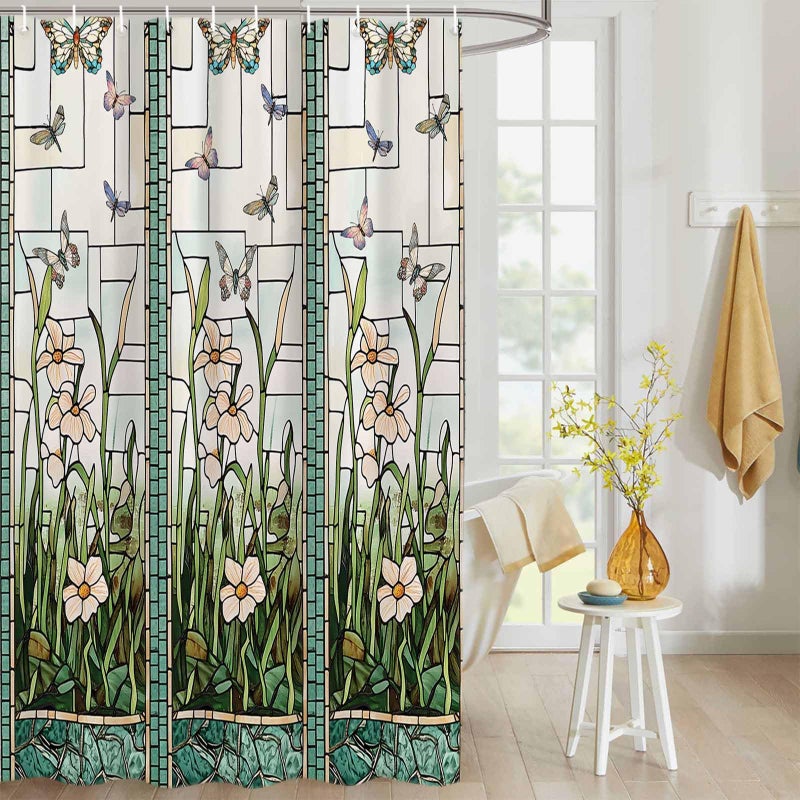 EZON-CH Waterproof Shower Curtain Stained Glass Meadow Flower Dragonfly Print Polyester Fabric Bath Curtain Home Hotel Apartment Bathroom Shower Curtain 60x72IN - Image 1